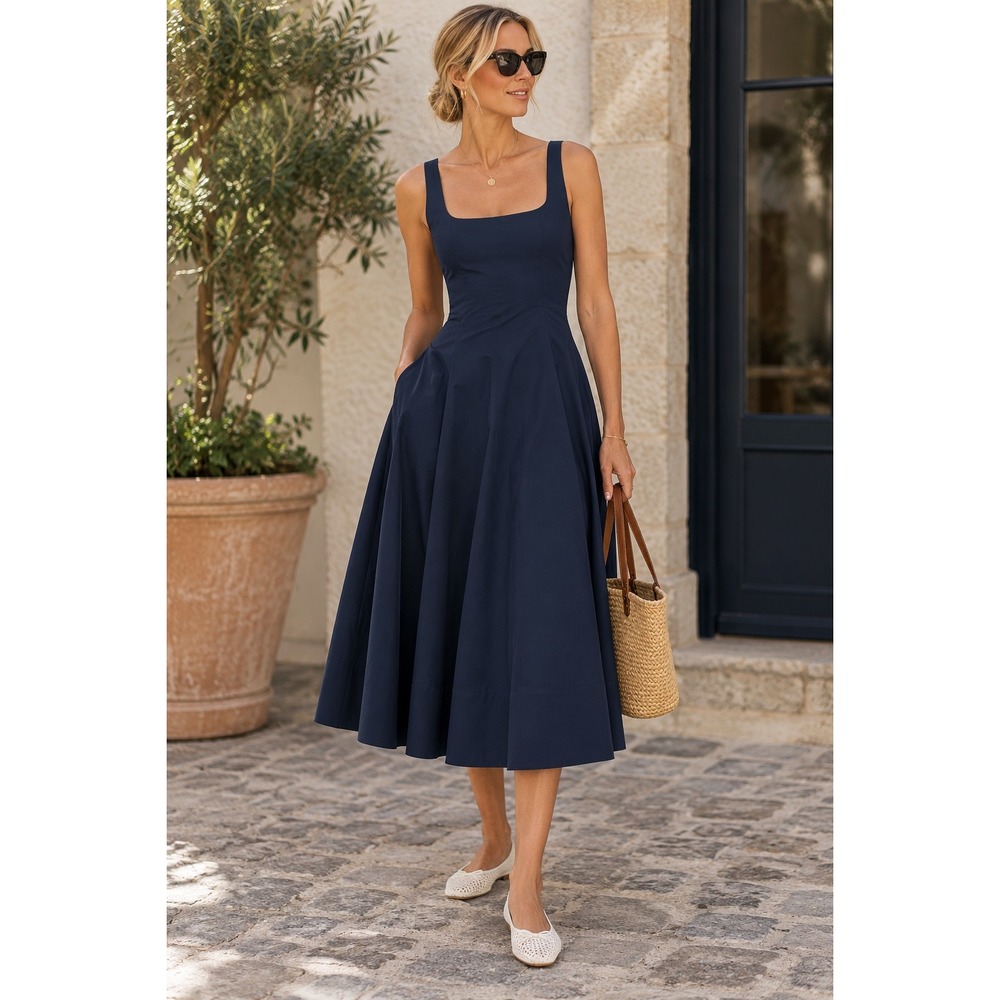STAUD Wells Dress Navy Blue Stretch Cotton Poplin Midi Square Neck Size 2 NEW